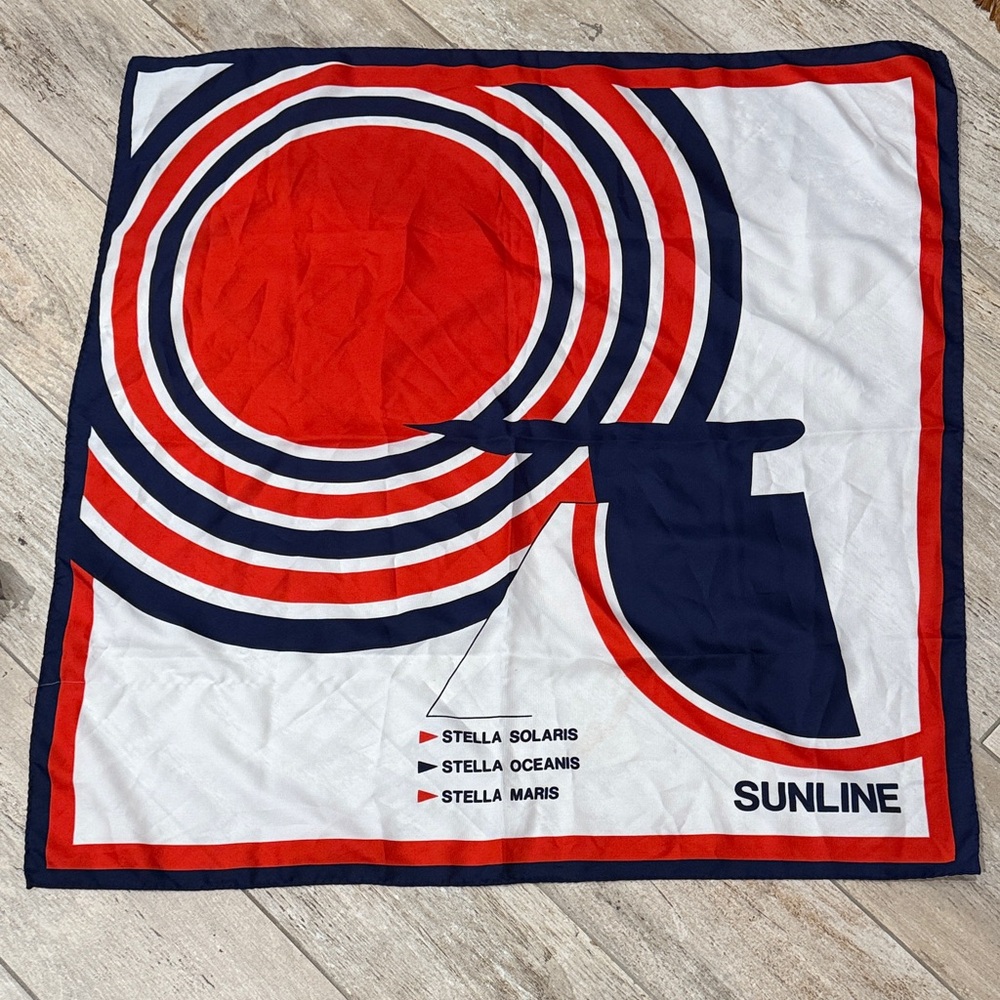 VTG 1960s SUNLINE CRUISE SHIPS SCARF 30 1/2" by 30" BLUE RED WHITE MADE IN ITALY